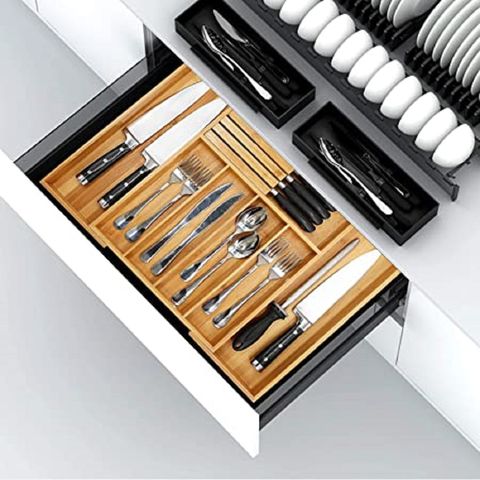 Organiseur Tiroir Bambou Extensible - 33 à 55cm - 5 à 7 Compartiments - Bloc Couteaux Amovible