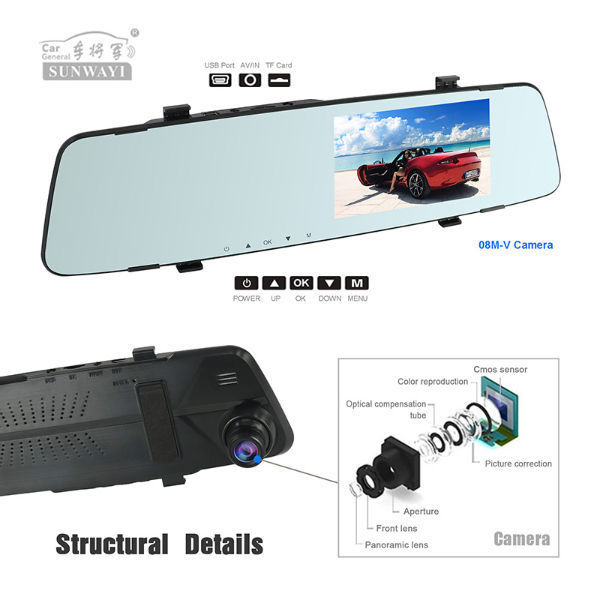4.3''HD1080P Grand Angle LED Véhicule Enregistreur de Caméra Miroir DVR Dash Cam