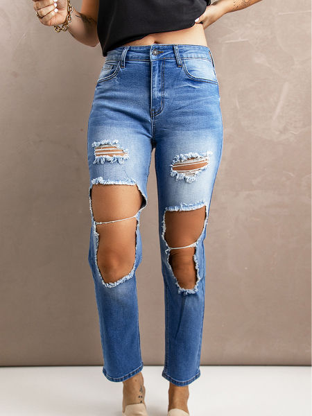 White Distressed Hollowed Out Knee Frayed Flare Jeans