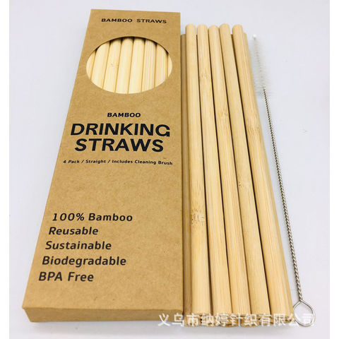 4 Bamboo Straws & Straw Brush Set, Reusable & Ecological