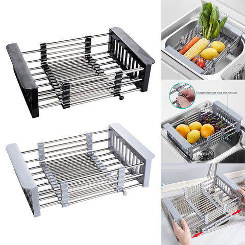 1PC Adjustable Stainless Steel Drainer Basket Over Sink Drain Tray Dish  Vegetable Fruit Drying Rack Kitchen Sink Organizer