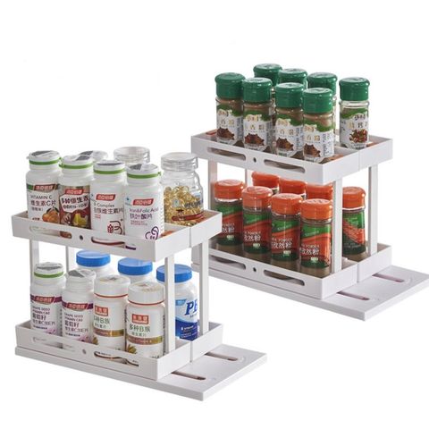 1set Kitchen Cabinet Pull-out Seasoning Rack, Double-layer Plastic,  Slide-out Drawer Organizer For Spice Jars Storage