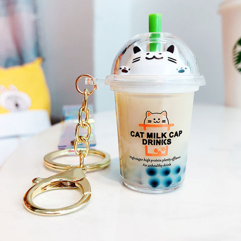 Buy Wholesale China Cartoon Cute Cat Keychain Milk Tea Cup Liquid Keychain  Boba Keychain Quicksand Sequin Key Ring & Boba Keychain at USD 0.21