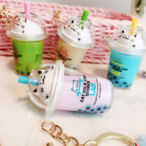 Buy Wholesale China Cartoon Cute Cat Keychain Milk Tea Cup Liquid Keychain  Boba Keychain Quicksand Sequin Key Ring & Boba Keychain at USD 0.21