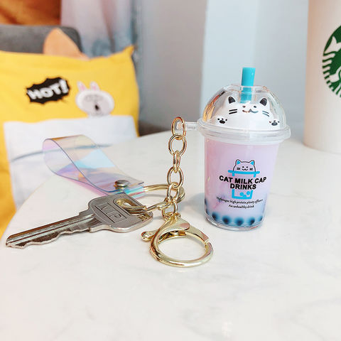 Buy Wholesale China Cartoon Cute Cat Keychain Milk Tea Cup Liquid Keychain  Boba Keychain Quicksand Sequin Key Ring & Boba Keychain at USD 0.21