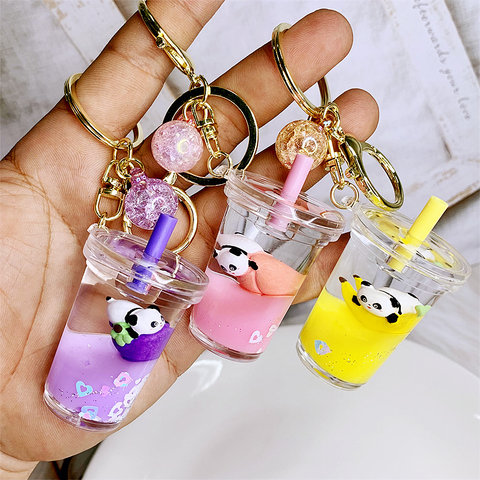 Fashion Key Ring Cute Mini Cartoon Cat Milk Tea Bottle Keychain