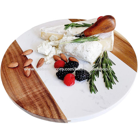 Acacia Wood and Marble Cheeseboard with Iron Handles and Cheese Knife Set