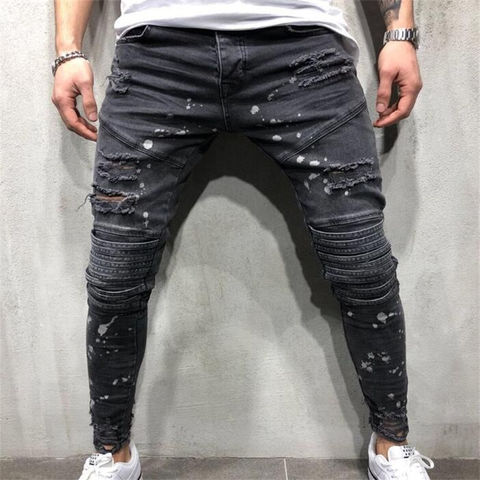 Stylish Slogan Print Men's Jeans Ripped Straight Regular Denim