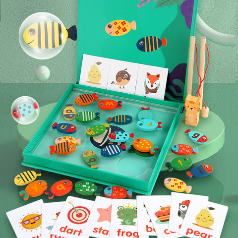 3D Wooden blocks children's Montessori magnetic fishing board game
