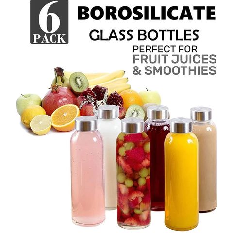Clear Glass Bottles with Lids 18 oz, Reusable Glass Water Bottles with  Stainless Steel Cap for Juicing,Refrigerator,100% Leak Proof, BPA Free Eco  Friendly,Set of 6 