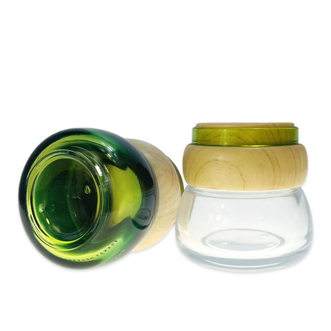 Luxury Cosmetics Packaging Glass Bottle Sets Bamboo Lid Cream Jar