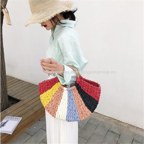 Straw Bag Women Hand-Woven Handbag Moon Shape Lace Bow Rattan Bag