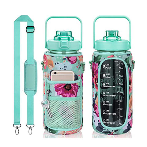 64oz Glass Water Bottle with Straw and Handle Lid, Half Gallon Motivational  Glass Bottle with Silicone Sleeve and Time Marker, Large Reusable Sports