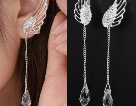 925 Sterling Silver Austrian Crystal Angel Wings Heart Key Stud Drop Earrings