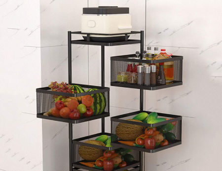 Rotating Kitchen storage Rack trolley Multi-Layer,Fruit and Vegetable Household Storage Shelves with Wheels.Organizer for Kitchen,Living Room,Bathroom（5 Tier,Black