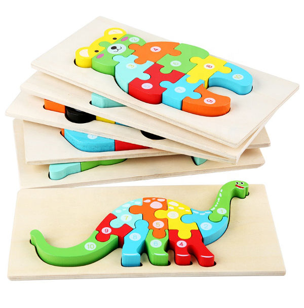 4 Wooden 3D Puzzle Block Jigsaw Dinosaurs Learning Toddler Baby Kids Educational 