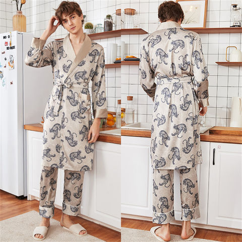 Luxury Men Silky Satin Kimono Robe Long Sleeve Sleepwear Bathrobe