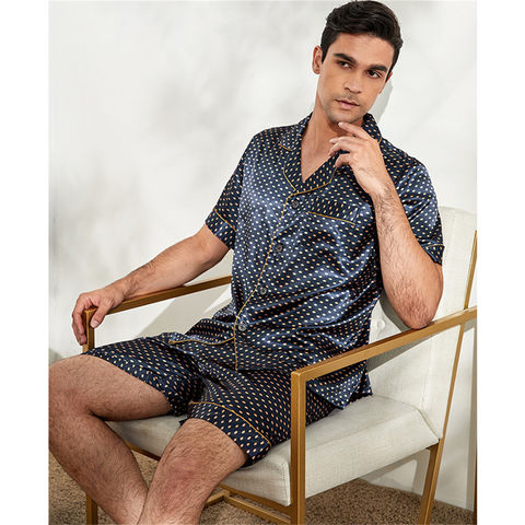 Mens 100% Silk Sleepwear T-shirt Top & Shorts Set Pajama Set