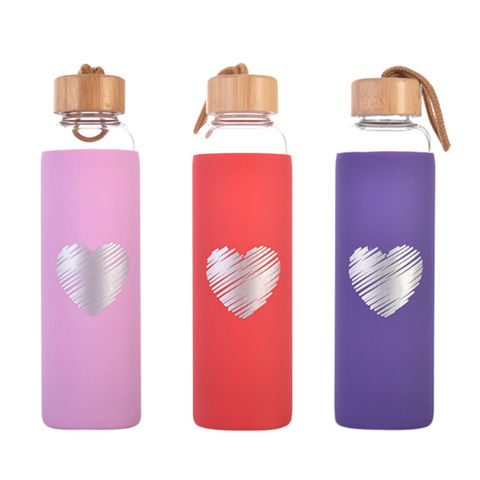 Pink Daisy Glass Bottle With Bamboo Lid-drink water Glass 