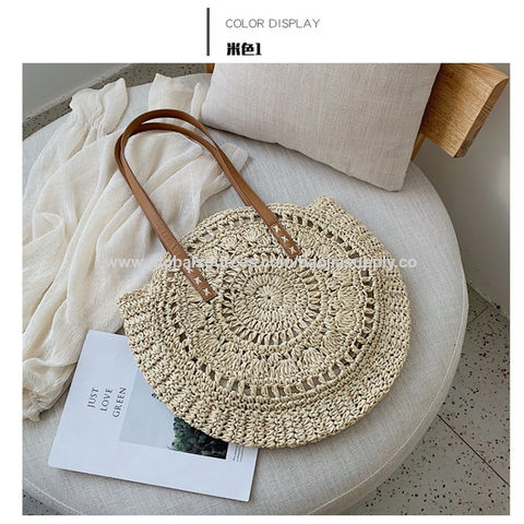 Straw Beach Bag Vintage Handmade Woven Shoulder Bag Raffia circle