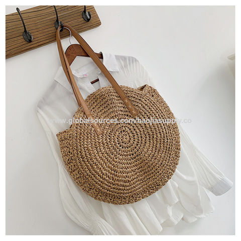 Round Straw Shoulder Bag for Women Beach Handbag Large Wicker Bag