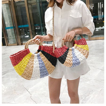 Straw Handbags Women Handwoven Round Corn Straw Bags Natural Chic Hand  Large Summer Beach Tote Woven Handle Shoulder Bag