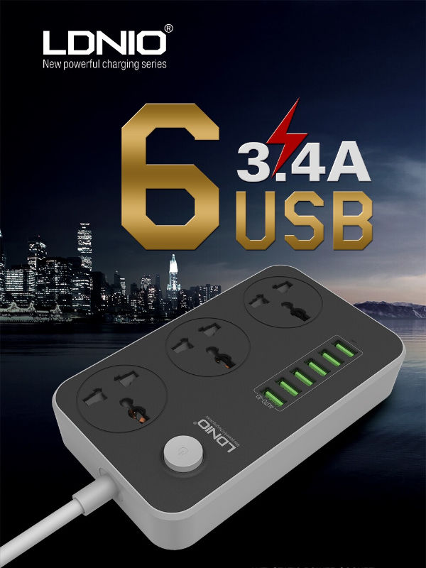 LDNIO Best Selling Universal 100-240V 2500W 10A Travel Power Strip With 6 USB Ports supplier