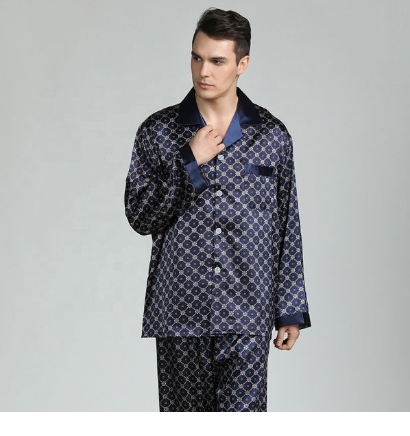 Silk Men Pajama Sets Solid Long Sleeve Satin Sleepwear Men Summer Suit Two-Piece Pyjamas Homewear Plus Size