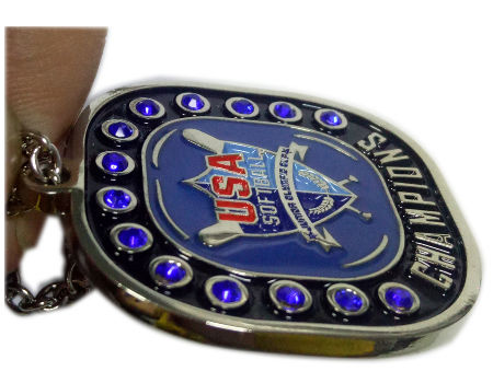 Metal necklace for Champions with blue stones. nickel pendants and charm supplier
