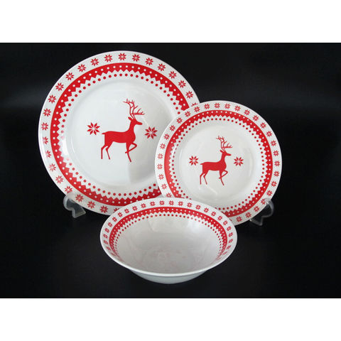 Christmas Dinnerware Set 16pcs Ceramic X-mas Elk Decal Red