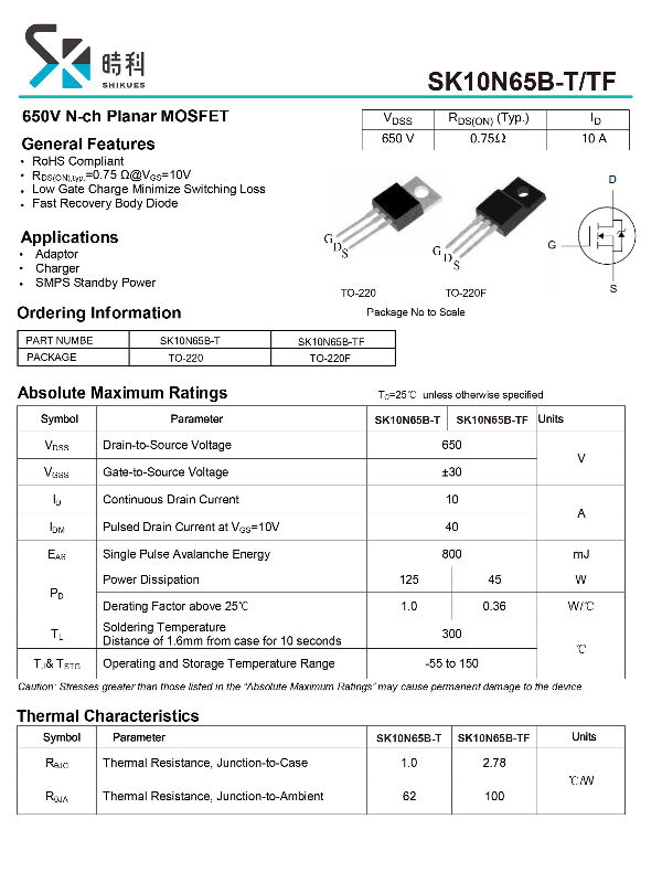 ohm 1.0 10 PCS MDF10N65B TO-220F MDF10N65 N-Channel MOSFET 650V 10.0A
