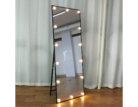 eHomeProducts Black Finish LED Lights Wooden Cheval Bedroom Floor Mirror Stand Hollywood Makeup Mirror
