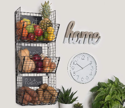 Saratoga Home Premium 3-Tier Wall Mounted Hanging Wire Baskets with Chalkboards