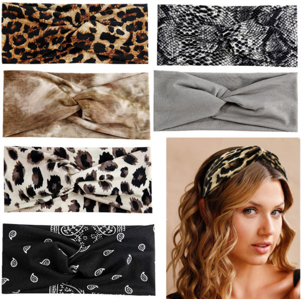 Leopard And Solid Color Yoga Wide Cross Twist Head Bands Elastic Hair Band For Women and Girls supplier