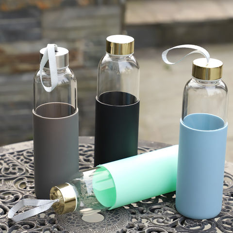 NEW Borosilicate Glass Water Bottle Silicone Sleeve Wood Top Gray BPA Free