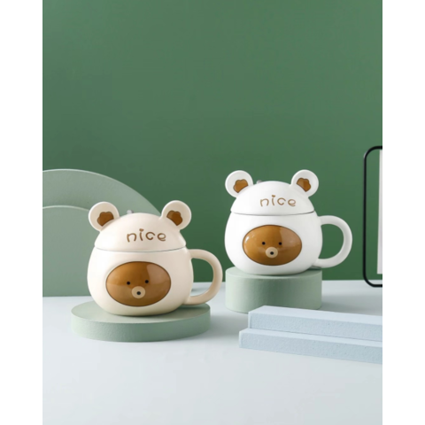 Cute Ceramic Bear Mug with Lid, Kawaii Coffee or Tea Cup for Bear Lovers,  Unique Novelty Gift, Mug and Lid Set (White and Blue)