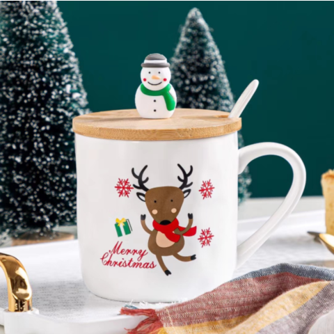 Christmas Ceramic Mugs, 380ml Reindeer Coffee Cups with Spoon