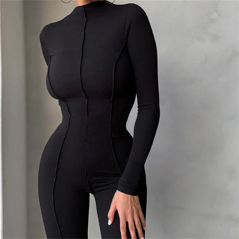 Women Long Sleeve High Neck Bodycon Tight Full Length Jumpsuits