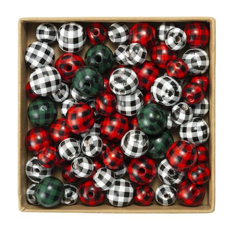 Henoyso 200 Pieces Christmas Farmhouse Wood Beads Black White Buffalo Plaid  Beads Crafts Wooden Beads with Holes Wooden Beads for Christmas Gifts DIY
