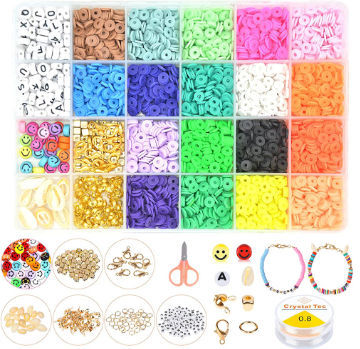 7000Pcs Clay Beads for Bracelets Making,6mm 24 Colors Flat Round Polymer  Clay Heishi Beads with Pony Beads