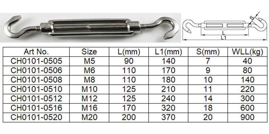 M5 M6 M8 Stainless Steel AISI304/316 DIN1480 Turnbuckle, Hook and Eye ...