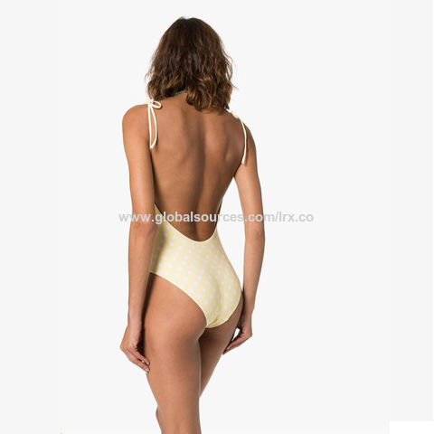 Bañador de una pieza para mujer con bloque de color sólido y sin espalda  para deportes de bikini