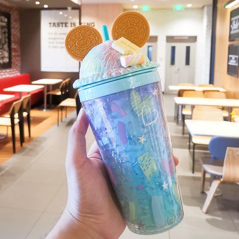 Wholesale 2022 Cute cartoon 3D Mouse Ear Colorful water cups Acrylic Mickey  Tumbl plastic cups with straw for kids From m.
