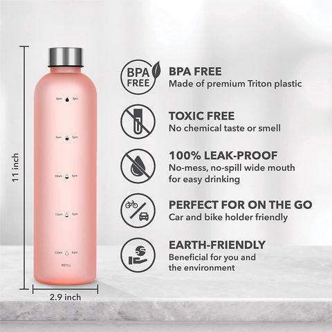 1000 ML Aesthetic Water Bottle With Time Marker Leak Proof Reusable BPA  Free Frosted Plastic-Motivational Water Bottle 32 OZ