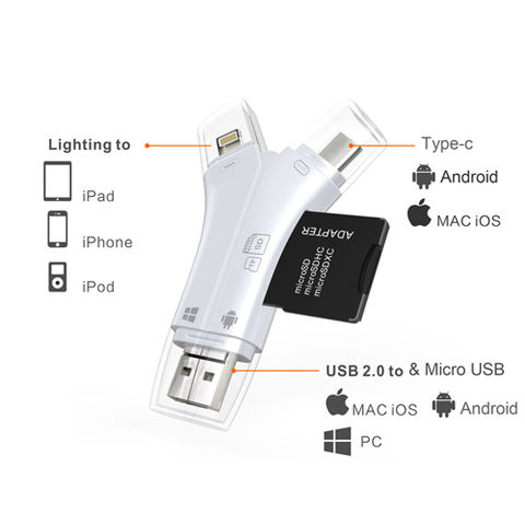 Buy Wholesale China 4-in-1 Tf/sd Memory Card Reader For Iphone/android Otg  Type-c Card Reader Micro Usb & 4 In 1 Card Reader at USD 6.65