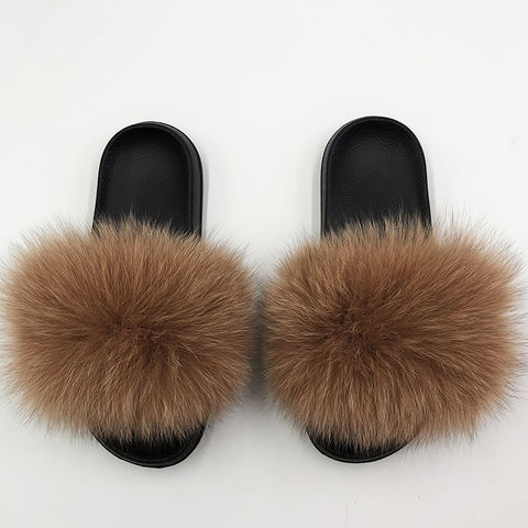 Raccoon Fur Slippers Slides For Women Open Toe Fuzzy Fur Slippers
