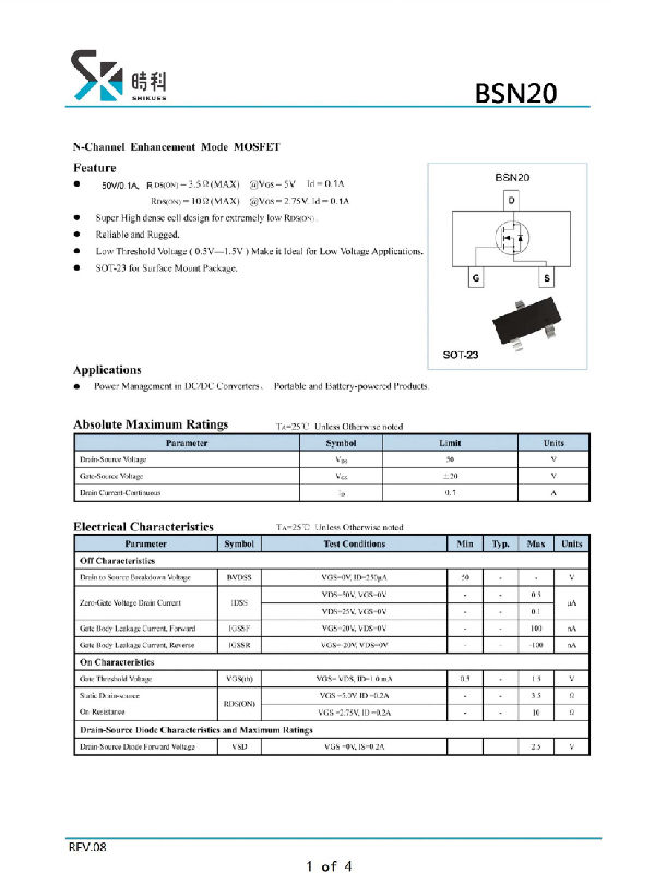 Transistor N-MOSFET 0,6W unipolar 50V 0,3A  SOT23 BSN20Q-7 N-Kanal-Transistore