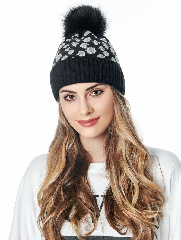 Fur Pom Poms Winter Autumn Leopard Print Women Hat Knitted Beanies Hat Ski Cap