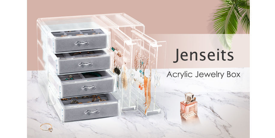 Acrylic Jewelry Organizer Box, Clear Earring Holder Jewelry Hanging Boxes  with 4 Velvet Drawers for Earrings Ring Necklace Bracelet Display Case Gift
