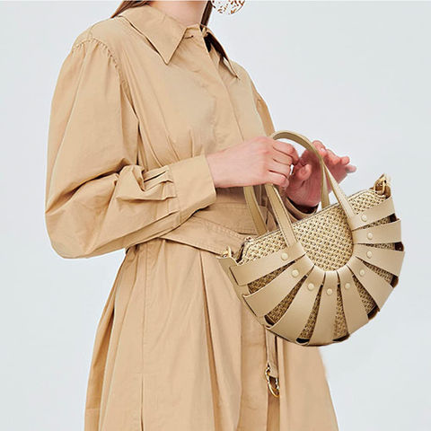 New Women round bucket semicircle straw bag handmade shell woven